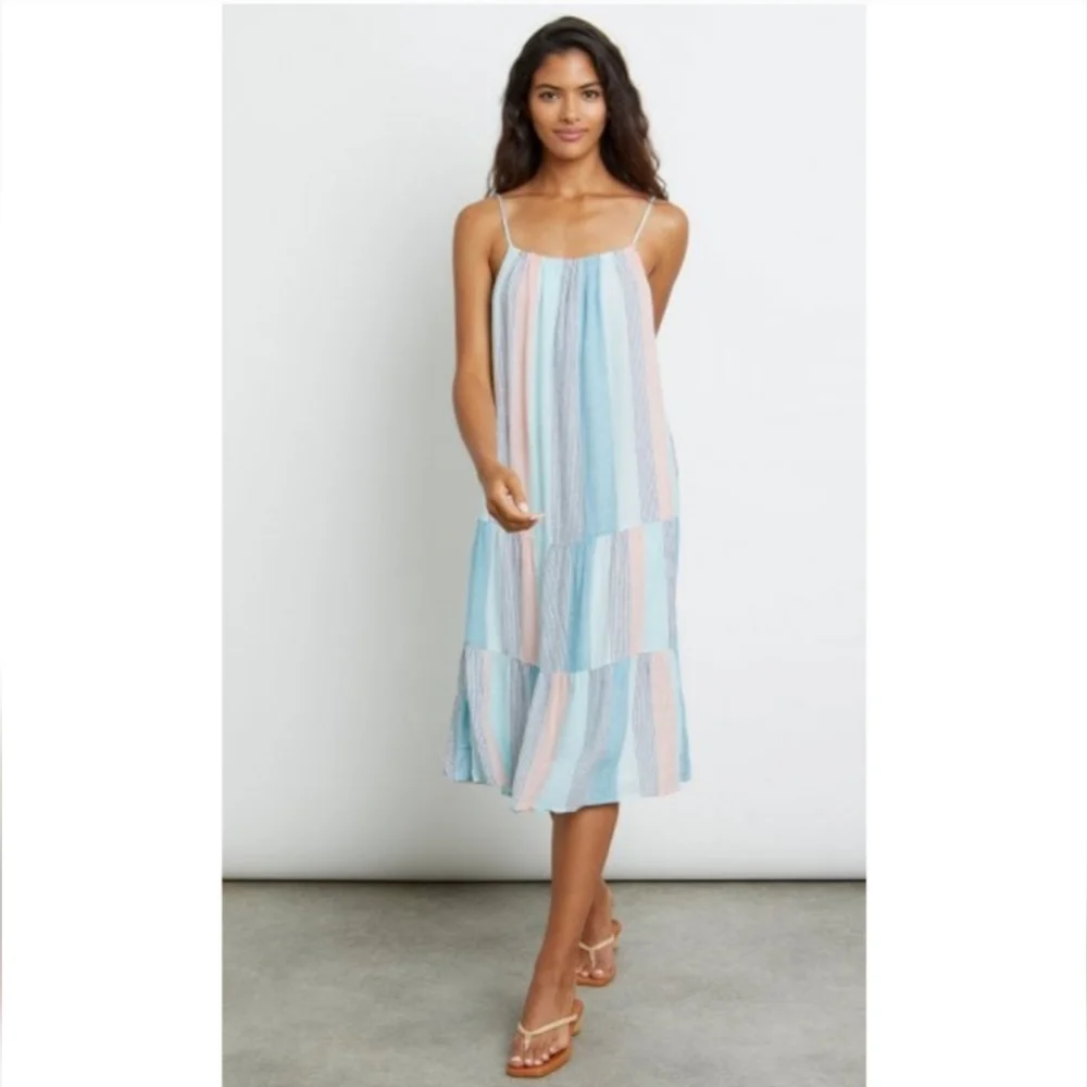 RAILS Adora Highland Stripe Tiered Coastal Beachy Pastel Midi Dress - Picture 1 of 11